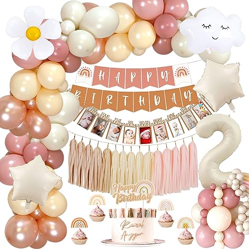 2. Geburtstagsdeko Mädchen Boho, Retro Rosa Geburtstagsdeko Luftballons mit Happy Birthday Banner, Folienballons, Papierquasten, Boho Partydeko Geburtstag für 2 Jahre Mädchen Birthday Deko von YYDSXK