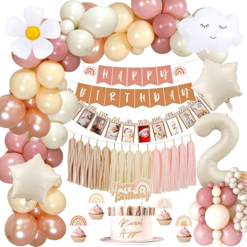 2. Geburtstagsdeko Mädchen Boho, Retro Rosa Geburtstagsdeko Luftballons mit Happy Birthday Banner, Folienballons, Papierquasten, Boho Partydeko Geburtstag für 2 Jahre Mädchen Birthday Deko von YYDSXK
