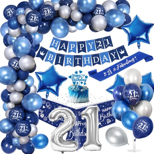 21. Geburtstagdeko Män, 21 Jahre Blau Silber Balloon Arch Kit mit Happy Birthday Banner, Cake Topper, Tischdecke, Geburtstag Sash, Große Anzahl 21 Ballon, Chrom Blau Silber Luftballons 21. Geburtstagdeko Män, 21 Jahre Blau Silber Balloon Arch Kit mit Happy Birthday Banner, Cake Topper, Tischdecke, Geburtstag Sash, Große Anzahl 21 Ballon, Chrom Blau Silber Luftballons von YYDSXK