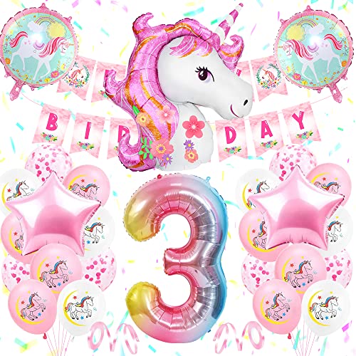 3 Jahre Einhorn Geburtstagsdeko Mädchen, 3. Rosa Geburtstag Deko mit Birthday Banner,3D Einhorn Luftballons,Groß Folie 3 Number, Kindergeburtstag Deko 3 Jahre, Rosa Weiß Luftballons Party Geburtstag von YYDSXK