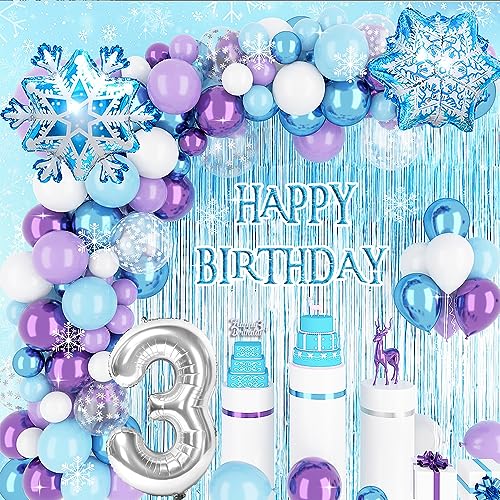 3 Jahre Frozen Geburtstagdeko Mädchen,Blau Lila Geburtstag Deko mit 3rd Cake Topper Regenvorhang Folie 3D Snowflake Luftballons für 3. Eiskönigin Kindergeburtstag Deko von YYDSXK