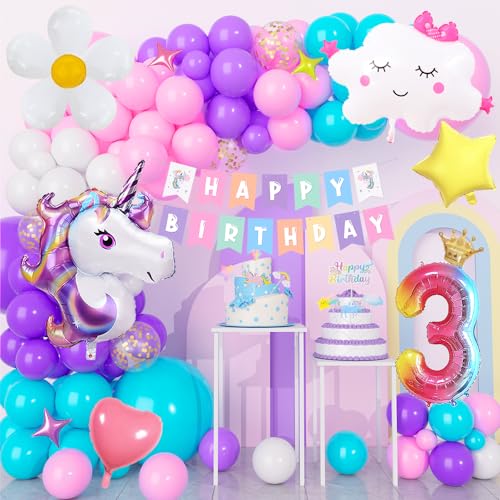 3 Jahre Geburtstagsdeko Mädchen Einhorn, 3. Rosa Lila Blau Geburtstag Deko mit Birthday Banner,3D Einhorn Luftballons,Groß Folie 3 Number, Regenbogen Einhorn Kindergeburtstag Deko 3 Jahre von YYDSXK