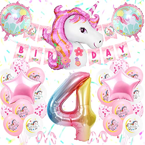 4 Jahre Einhorn Geburtstagsdeko Mädchen, 4. Rosa Geburtstag Deko mit Birthday Banner,3D Einhorn Luftballons,Groß Folie 4 Number, Kindergeburtstag Deko 4 Jahre, Rosa Weiß Luftballons Party Geburtstag von YYDSXK