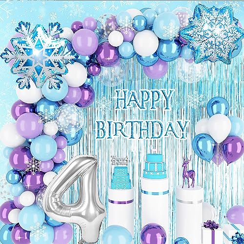 4 Jahre Frozen Geburtstagdeko Mädchen,Blau Lila Geburtstag Deko mit 4th Cake Topper Regenvorhang Folie 3D Snowflake Luftballons für 4. Eiskönigin Kindergeburtstag Deko von YYDSXK