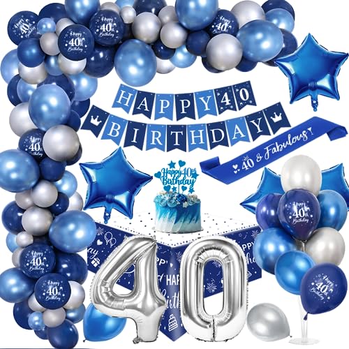 40. Geburtstagdeko Män, 40 Jahre Blau Silber Balloon Arch Kit mit Happy Birthday Banner, Cake Topper, Tischdecke, Geburtstag Sash, Große Anzahl 40 Ballon, Chrom Blau Silber Luftballons von YYDSXK