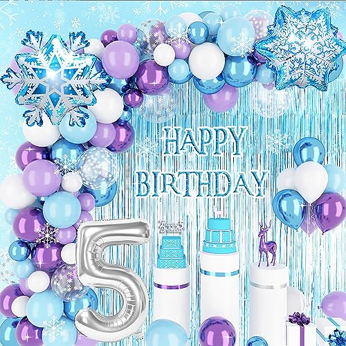 5 Jahre Frozen Geburtstagdeko Mädchen,Blau Lila Geburtstag Deko mit 5th Cake Topper Regenvorhang Folie 3D Snowflake Luftballons für 5. Eiskönigin Kindergeburtstag Deko von YYDSXK