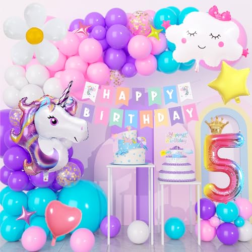 5 Jahre Geburtstagsdeko Mädchen Einhorn, 5. Rosa Lila Blau Geburtstag Deko mit Birthday Banner,3D Einhorn Luftballons,Groß Folie 5 Number, Regenbogen Einhorn Kindergeburtstag Deko 5 Jahre von YYDSXK