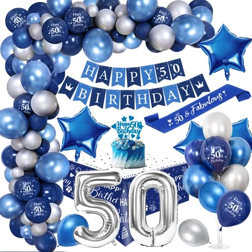 50. Geburtstagdeko Män, 50 Jahre Blau Silber Balloon Arch Kit mit Happy Birthday Banner, Cake Topper, Tischdecke, Geburtstag Sash, Große Anzahl 50 Ballon, Chrom Blau Silber Luftballons von YYDSXK
