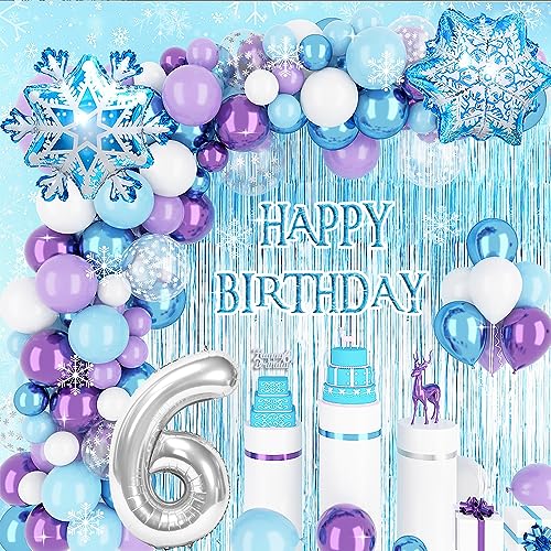 6 Jahre Frozen Geburtstagdeko Mädchen,Blau Lila Geburtstag Deko mit 6th Cake Topper Regenvorhang Folie 3D Snowflake Luftballons für 6. Eiskönigin Kindergeburtstag Deko von YYDSXK