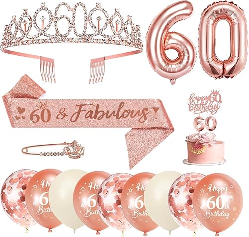 60. Geburtstag Frauen, 60 Geburtstag Schärpe und Tiara Rose Gold, Geburtstag Luftballon Zahlen, Geburtstagskerzen Zahlen, Happy Birthday Tortendeko für Frauen Geburtstagsdeko 60. Geburtstag Frauen, 60 Geburtstag Schärpe und Tiara Rose Gold, Geburtstag Luftballon Zahlen, Geburtstagskerzen Zahlen, Happy Birthday Tortendeko für Frauen Geburtstagsdeko von YYDSXK