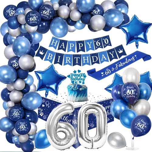 60. Geburtstagdeko Män, 60 Jahre Blau Silber Balloon Arch Kit mit Happy Birthday Banner, Cake Topper, Tischdecke, Geburtstag Sash, Große Anzahl 60 Ballon, Chrom Blau Silber Luftballons von YYDSXK