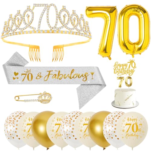 70. Geburtstag Frauen, 70 Geburtstag Schärpe und Krone/Tiara, Geburtstag Zahlen Luftballon, Konfetti Luftballons, Geburtstagskerzen Zahlen, Happy Birthday Tortendeko für Frauen Geburtstagsdeko von YYDSXK