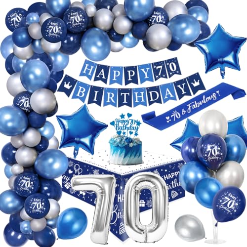 70. Geburtstagdeko Män, 70 Jahre Blau Silber Balloon Arch Kit mit Happy Birthday Banner, Cake Topper, Tischdecke, Geburtstag Sash, Große Anzahl 70 Ballon, Chrom Blau Silber Luftballons von YYDSXK