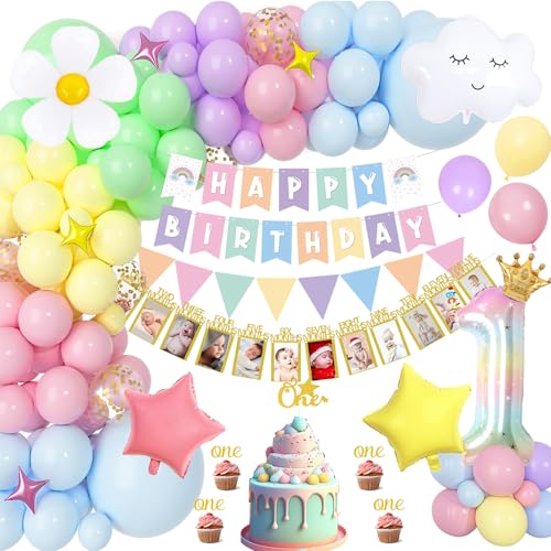 Deko 1. Geburtstag Mädchen, Geburtstagsdeko Mädchen 1 Jahr mit Regenbogen Happy Birthday Banner, Monats Fotobanner, Foil Gradient 1 Balloon, ONE Kuchendeckel, Pastell Luftballon für Baby Shower Deko von YYDSXK
