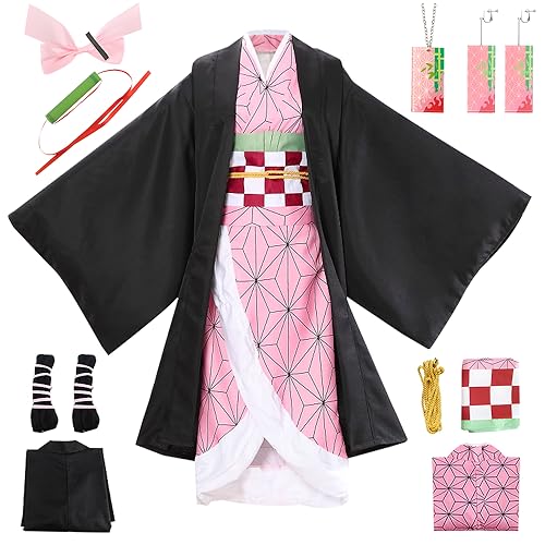 YYDSXK Demon Slayer Cosplay, Nezuko Tanjirou Kochou Shinobu Mitsuri Kostüm Set, Kimono Cape Ensemble, Geschenk für Kinder, Nezuko Tanjiro Kostüm für Karneval Halloween Weihnachten (Nezuko, 130) von YYDSXK