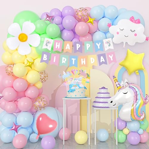 Einhorn Geburtstagsdeko Mädchen, Pastell Luftballons Einhorn Deko Kindergeburtstag mit Happy Birthday Banner, 3D Einhorn Luftballons, Geburtstag Tortendeko, Einhorn für Mädchen Party Deko von YYDSXK