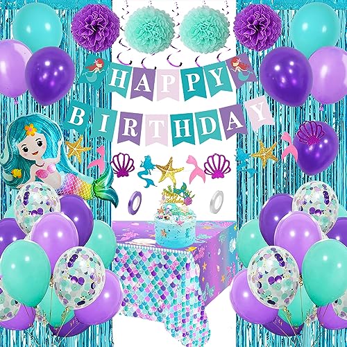 Geburtstagdeko Meerjungfrau Mädchen,Blau Lila Geburtstag Deko mit Geburtstag Banner Cake Topper Tischdecke Pompom 3D Meerjungfrau Folie Luftballons für Kindergeburtstag Deko 3 4 5 6 Jahre von YYDSXK