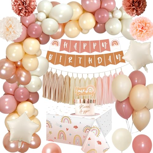 Geburtstagsdeko Mädchen Boho, Retro Rosa Geburtstagsdeko mit Happy Birthday Banner, Tischdecke, Deko Geburtstag Boho, Luftballon Girlande Rosa Beige für Mädchen Geburtstag, Babyparty Dekoration von YYDSXK