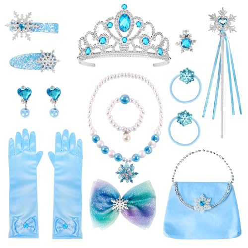 YYDSXK 15 Stück Prinzessin Kostüme Zubehör, Elsa Prinzessin Schmuck, Frozen Eisprinzessin Schmuck Set mit Elsa Krone Zauberstab Halskette Armband Ohrringe Handtasche Haarklammern, Mädchen Geschenk von YYDSXK