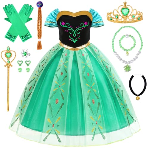 YYDSXK Anna Kostüm Mädchen, Eiskönigin Prinzessin Kleid mit Anna Umhang Krone Halsketten Set, Anna Kleid Geschenke für Mädchen, Eiskönigin Kleid Prinzessin Kostüm für Karneval Cosplay (120) von YYDSXK