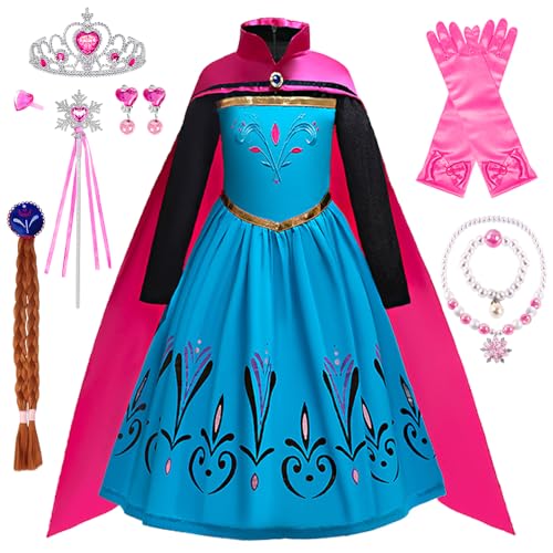 YYDSXK Anna Kostüm Mädchen Kleid mit Umhang, Eiskönigin Kostüm Kinder Prinzessin Kostüm für Karneval Party Cosplay Verkleidung Halloween Fest Geburtstag mit Zubehör Krone Zauberstab Perücke von YYDSXK