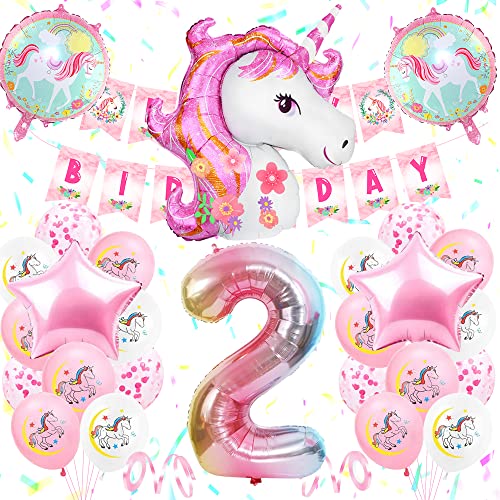 2 Jahre Einhorn Geburtstagsdeko Mädchen, 2. Rosa Geburtstag Deko mit Birthday Banner,3D Einhorn Luftballons,Groß Folie 2 Number, Kindergeburtstag Deko 2 Jahre, Rosa Weiß Luftballons Party Geburtstag von YYDSXK