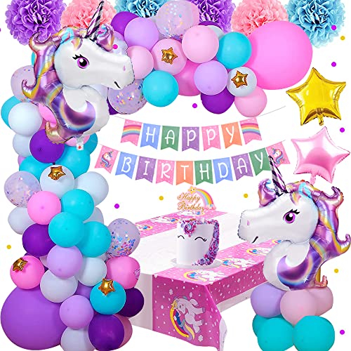 Einhorn Geburtstagsdeko Mädchen, Rosa Lila Blau Kindergeburtstag Set mit 3D Einhorn Folie Ballons Confetti Luftballons Tablecloth Pompoms Banner, Pastell Einhorn Geburtstags Deko Einhorn Geburtstagsdeko Mädchen, Rosa Lila Blau Kindergeburtstag Set mit 3D Einhorn Folie Ballons Confetti Luftballons Tablecloth Pompoms Banner, Pastell Einhorn Geburtstags Deko von YYDSXK