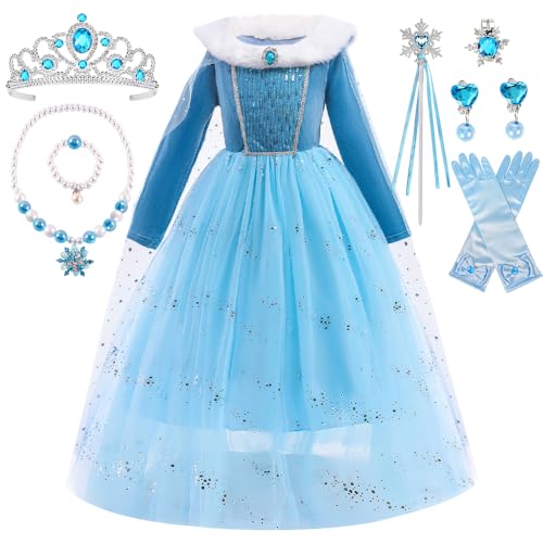 YYDSXK Elsa Kostüm Mädchen, Eiskönigin Prinzessin Kleid mit Elsa Umhang Krone Halsketten Set, Elsa Kleid Geschenke für Mädchen, Eiskönigin Kleid Prinzessin Kostüm für Karneval Cosplay (130), Blau von YYDSXK