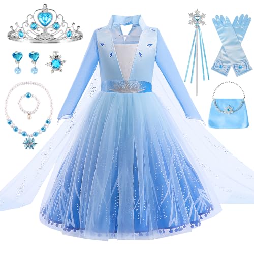 YYDSXK Elsa Kostüm Mädchen, Eiskönigin Prinzessin Kleid mit Elsa Umhang Krone Halsketten Set, Elsa Kleid Geschenke für Mädchen, Eiskönigin Kleid Prinzessin Kostüm für Karneval Cosplay (130) von YYDSXK