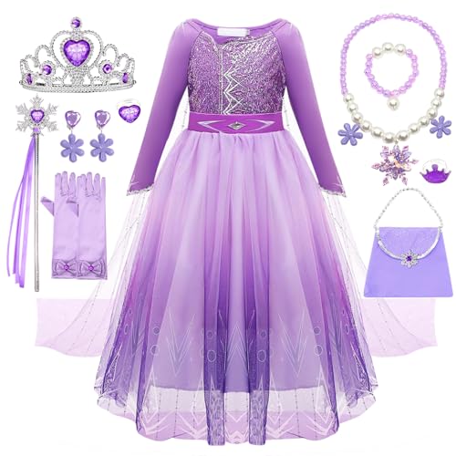 YYDSXK Elsa Kostüm Mädchen, Eiskönigin Prinzessin Kleid mit Elsa Umhang Krone Halsketten Set, Lila Elsa Kleid Geschenke für Mädchen, Lila Eiskönigin Kleid Prinzessin Kostüm für Karneval Cosplay (130) von YYDSXK