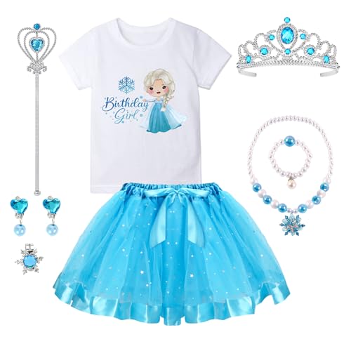 YYDSXK Elsa Kostüm Mädchen, Frozen Kleid mit Elsa Krone Zauberstab Halsketten Set, Geburtstags Outfit T-Shirt und Blau Tütü Rock für Weihnachten Verkleidung Karneval Halloween Geburtstag Party von YYDSXK