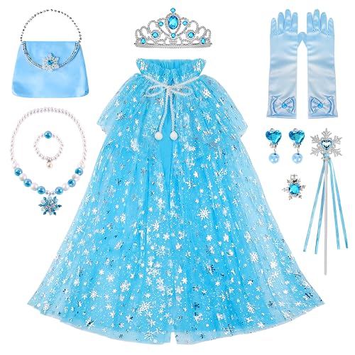 YYDSXK Elsa Umhang Kinder, Blau Prinzessin Cape mit Prinzessin Krone Halsketten Tasche Set, Geschenk für Mädchen, Faschingskostüme Kinder für Party Halloween Karneval Cosplay Geburtstagsfeier von YYDSXK