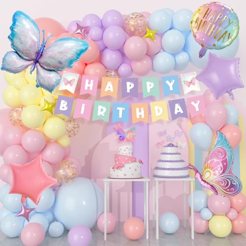 Geburtstagsdeko Mädchen, Schmetterlingsballon Geburtstagsdeko mit Happy Birthday Banner, Luftballon Girlande für Mädchen Geburtstag, Babyparty Dekoration von YYDSXK