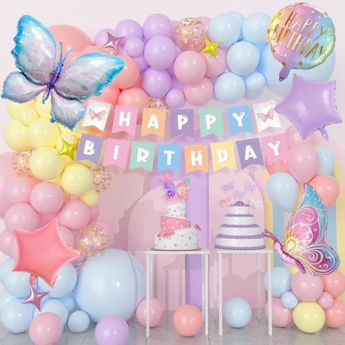 Geburtstagsdeko Mädchen, Schmetterlingsballon Geburtstagsdeko mit Happy Birthday Banner, Luftballon Girlande für Mädchen Geburtstag, Babyparty Dekoration Geburtstagsdeko Mädchen, Schmetterlingsballon Geburtstagsdeko mit Happy Birthday Banner, Luftballon Girlande für Mädchen Geburtstag, Babyparty Dekoration von YYDSXK
