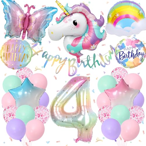 YYDSXK Geburtstagsdeko Mädchen 4 Jahre, Einhorn Deko Kindergeburtstag mit Happy Birthday Banner, Pastell Luftballons, Groß Folie 4 Number, Geburtstagsdeko Schmetterling Einhorn für 4 Jahre Mädchen YYDSXK Geburtstagsdeko Mädchen 4 Jahre, Einhorn Deko Kindergeburtstag mit Happy Birthday Banner, Pastell Luftballons, Groß Folie 4 Number, Geburtstagsdeko Schmetterling Einhorn für 4 Jahre Mädchen von YYDSXK