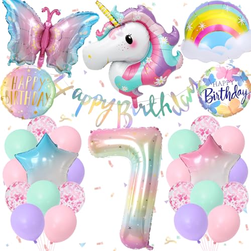 YYDSXK Geburtstagsdeko Mädchen 7 Jahre, Einhorn Deko Kindergeburtstag mit Happy Birthday Banner, Pastell Luftballons, Groß Folie 7 Number, Geburtstagsdeko Schmetterling Einhorn für 7 Jahre Mädchen YYDSXK Geburtstagsdeko Mädchen 7 Jahre, Einhorn Deko Kindergeburtstag mit Happy Birthday Banner, Pastell Luftballons, Groß Folie 7 Number, Geburtstagsdeko Schmetterling Einhorn für 7 Jahre Mädchen von YYDSXK