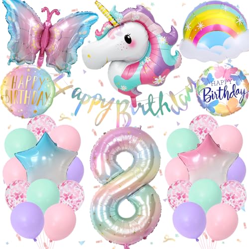 YYDSXK Geburtstagsdeko Mädchen 8 Jahre, Einhorn Deko Kindergeburtstag mit Happy Birthday Banner, Pastell Luftballons, Groß Folie 8 Number, Geburtstagsdeko Schmetterling Einhorn für 8 Jahre Mädchen YYDSXK Geburtstagsdeko Mädchen 8 Jahre, Einhorn Deko Kindergeburtstag mit Happy Birthday Banner, Pastell Luftballons, Groß Folie 8 Number, Geburtstagsdeko Schmetterling Einhorn für 8 Jahre Mädchen von YYDSXK
