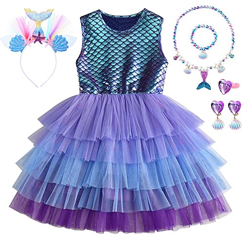 YYDSXK Meerjungfrau Kostüm Kinder Mädchen, Prinzessin Kleid Mädchen mit 6 Zubehör, Prinzessin Kostüm Kleid Tüll Tutu Kleid für Cosplay Karneval Verkleidung Geburtstagsfeier Festkleid 2-7 Jahre von YYDSXK