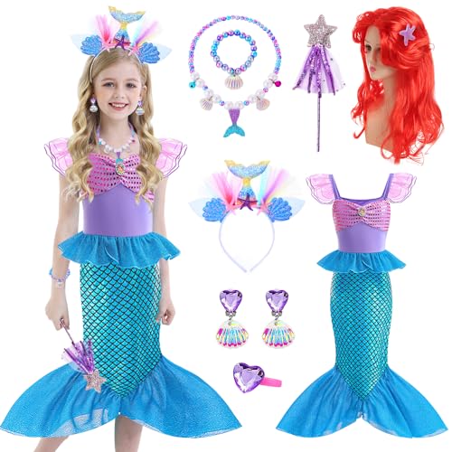 YYDSXK Meerjungfrau Kostüm Mädchen, Prinzessin Arielle Kostüm Kleid mit Ariel Meerjungfrau Perücke, Arielle Kostüm Kinder Geschenke für Mädchen, Meerjungfrau Kleid für Cosplay Karneval Party (120) von YYDSXK