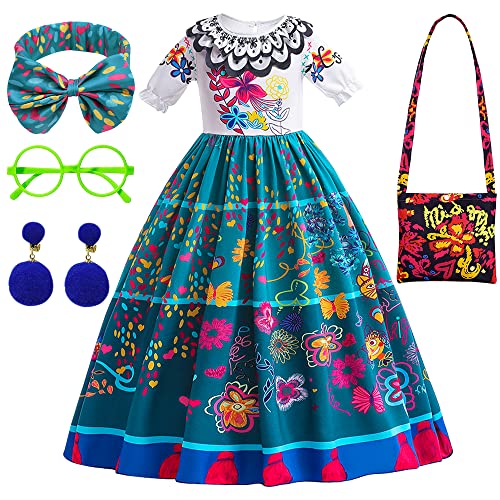 YYDSXK Mirabel Kostüm - Prinzessin Kleid für Mädchen, Madrigal Cosplay Kostüm Mit Umhängetasche, Brille, Haarband für Kinder 2-11 Jahre - Halloween, Karneval, Geburtstag (130cm) von YYDSXK