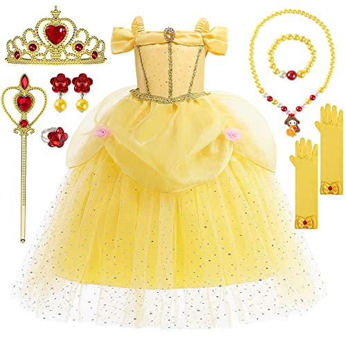 YYDSXK Prinzessin Kleid Mädchen, Belle Kostüm Mädchen mit Krone Zauberstab Halsketten Set, Faschingskostüme Kinder Belle Prinzessin Kostüm Mädchen für Karneval Cosplay Geburtstagsfeier (Style 1, 120) von YYDSXK