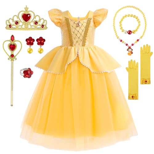 YYDSXK Prinzessin Kleid Mädchen, Belle Kostüm Mädchen mit Krone Zauberstab Halsketten Set, Faschingskostüme Kinder Belle Prinzessin Kostüm Mädchen für Karneval Cosplay Geburtstagsfeier (Style 2, 120) von YYDSXK