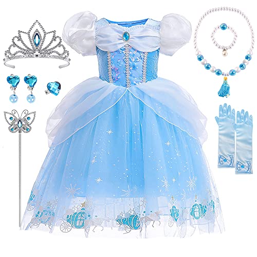 YYDSXK Prinzessin Kleid Mädchen, Cinderella Kostüm mit Krone Zauberstab Halsketten Set, Faschingskostüme Kinder Cinderella Kleid Prinzessin Kostüm für Karneval Cosplay Geburtstagsfeier (140) von YYDSXK