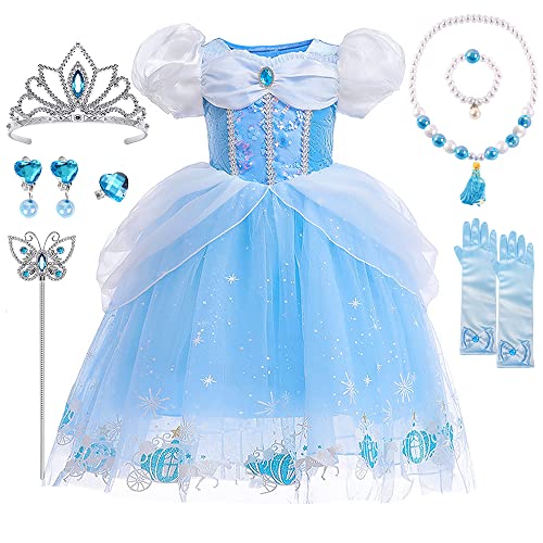 YYDSXK Prinzessin Kleid Mädchen, Cinderella Kostüm mit Krone Zauberstab Halsketten Set, Faschingskostüme Kinder Cinderella Kleid Prinzessin Kostüm für Karneval Cosplay Geburtstagsfeier (A, 140) von YYDSXK