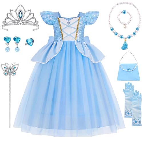 YYDSXK Prinzessin Kleid Mädchen, Cinderella Kostüm mit Krone Zauberstab Halsketten Set, Faschingskostüme Kinder Cinderella Kleid Prinzessin Kostüm für Karneval Cosplay Geburtstagsfeier (B, 130) von YYDSXK
