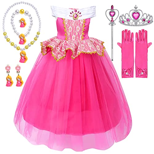 YYDSXK Prinzessin Kleid Mädchen, Dornröschen Kostüm mit Krone Zauberstab Halsketten Set, Faschingskostüme Kinder Aurora Prinzessin Kostüm für Karneval Cosplay Geburtstagsfeier (Style 1, 110) von YYDSXK
