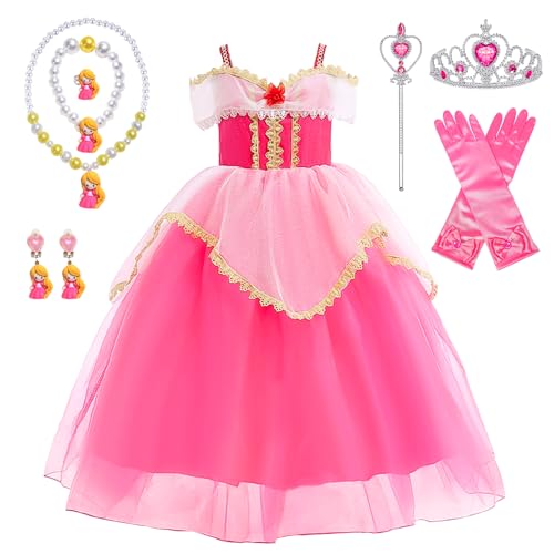 YYDSXK Prinzessin Kleid Mädchen, Dornröschen Kostüm mit Krone Zauberstab Halsketten Set, Faschingskostüme Kinder Aurora Prinzessin Kostüm für Karneval Cosplay Geburtstagsfeier (Style 2, 130) von YYDSXK