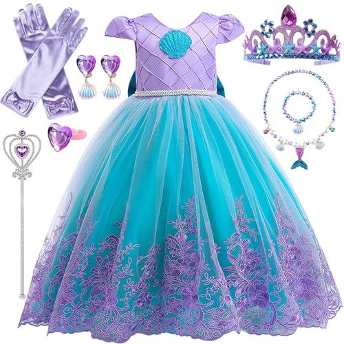 Prinzessin Kleid Mädchen, Meerjungfrau Kostüm Kinder Mädchen Kleid mit Kronen Halsketten Set, Prinzessin Kostüm Kleid für Weihnachten Halloween Karneval Cosplay Geburtstagsfeier 3 - 10 Jahre (110cm) von YYDSXK