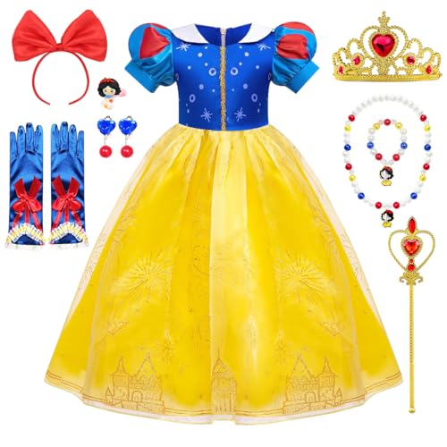 YYDSXK Prinzessin Kleid Mädchen, Schneewittchen Kostüm Kinder mit Krone Zauberstab Halsketten Ohrringe Set, Schneewittchen Kleid für Halloween Weihnachten Karneval Geburtstag Party Verkleidung Outfit von YYDSXK