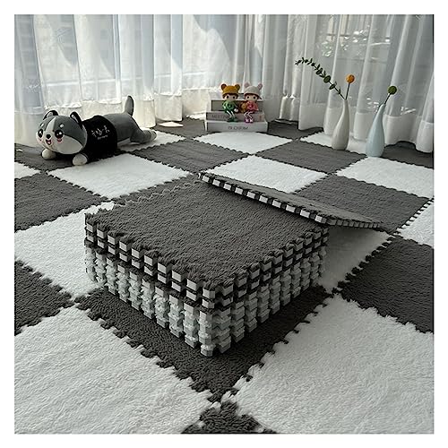12-teilige Puzzle-Spielmatte, Flauschige Plüsch-Teppichfliesen, Quadratisches Schaumstoff-Teppich-Set, Schaumstoff-Bodenfliesen Für Spielzimmer, Schlafzimmer, 30 X 30 cm(Color:Grau+Weiß) von YYGDPFLSXSB